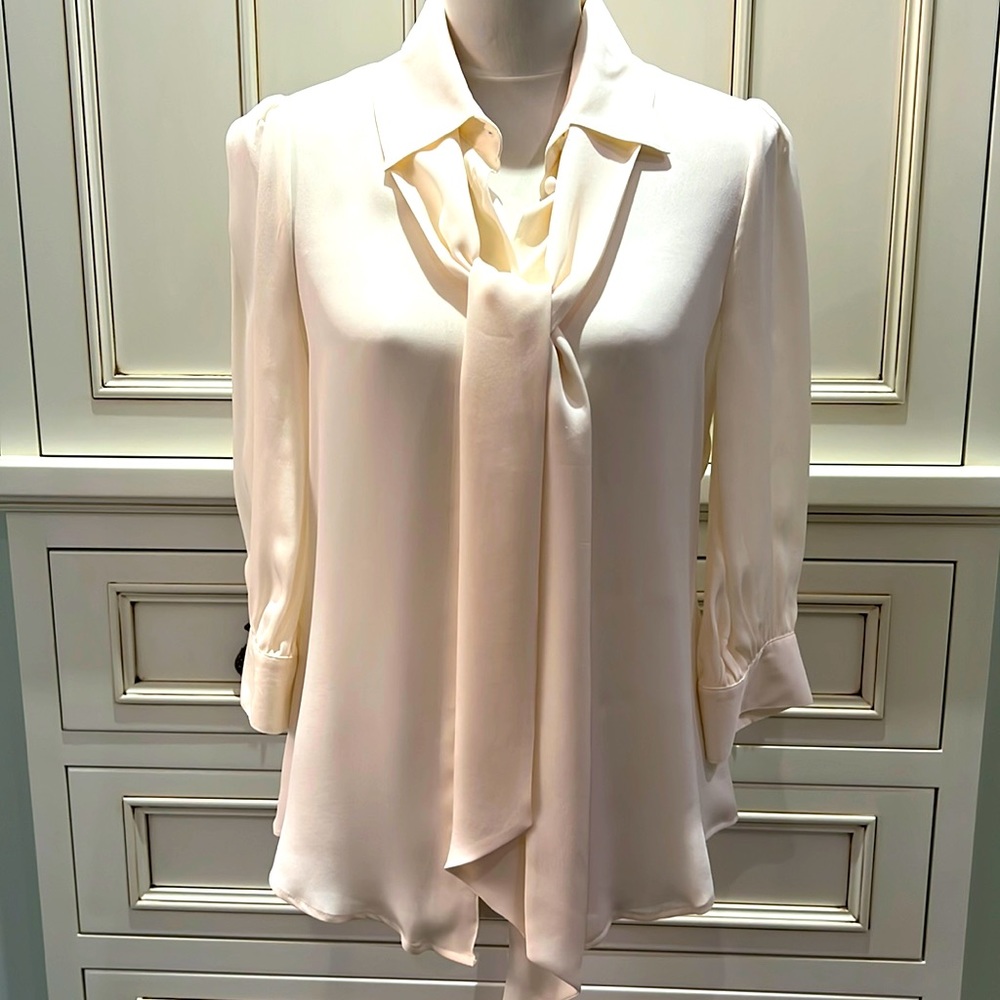 Classic Halston Silk Cream PussyBow Blouse
